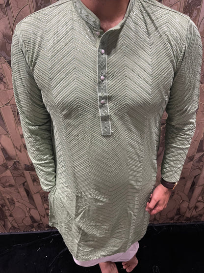 Men’s Festive Aqua Kurta – Heavy Chikan with Subtle Sequence & W Pattern A13