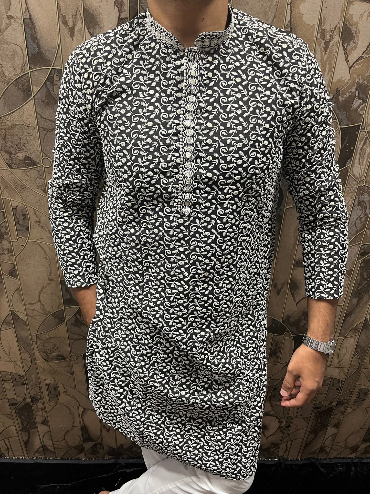Men’s Cotton Black and White Kurta – Full Sequence Chikan Work with Chinese Collar - A17