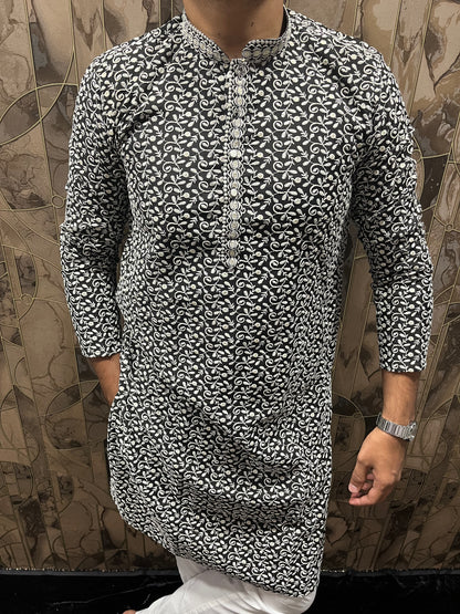 Men’s Cotton Black and White Kurta – Full Sequence Chikan Work with Chinese Collar - A17