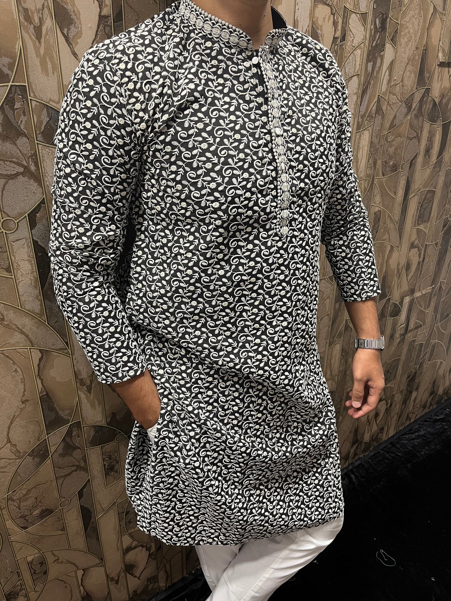 Men’s Cotton Black and White Kurta – Full Sequence Chikan Work with Chinese Collar - A17
