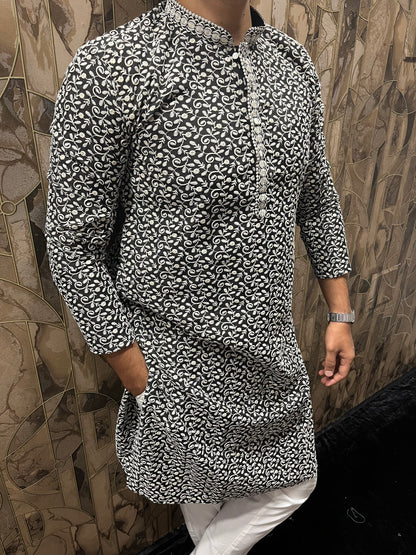 Men’s Cotton Black and White Kurta – Full Sequence Chikan Work with Chinese Collar - A17