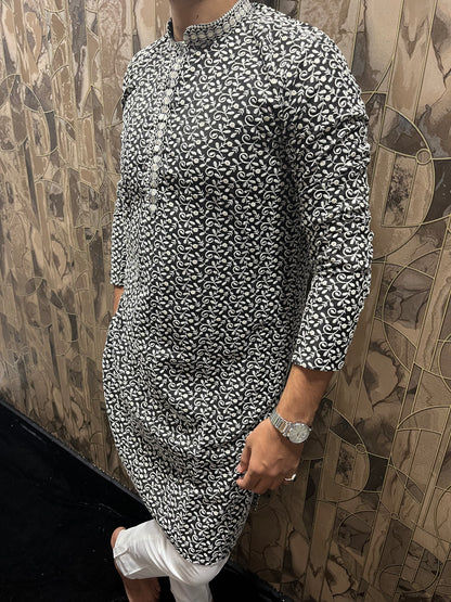 Men’s Cotton Black and White Kurta – Full Sequence Chikan Work with Chinese Collar - A17