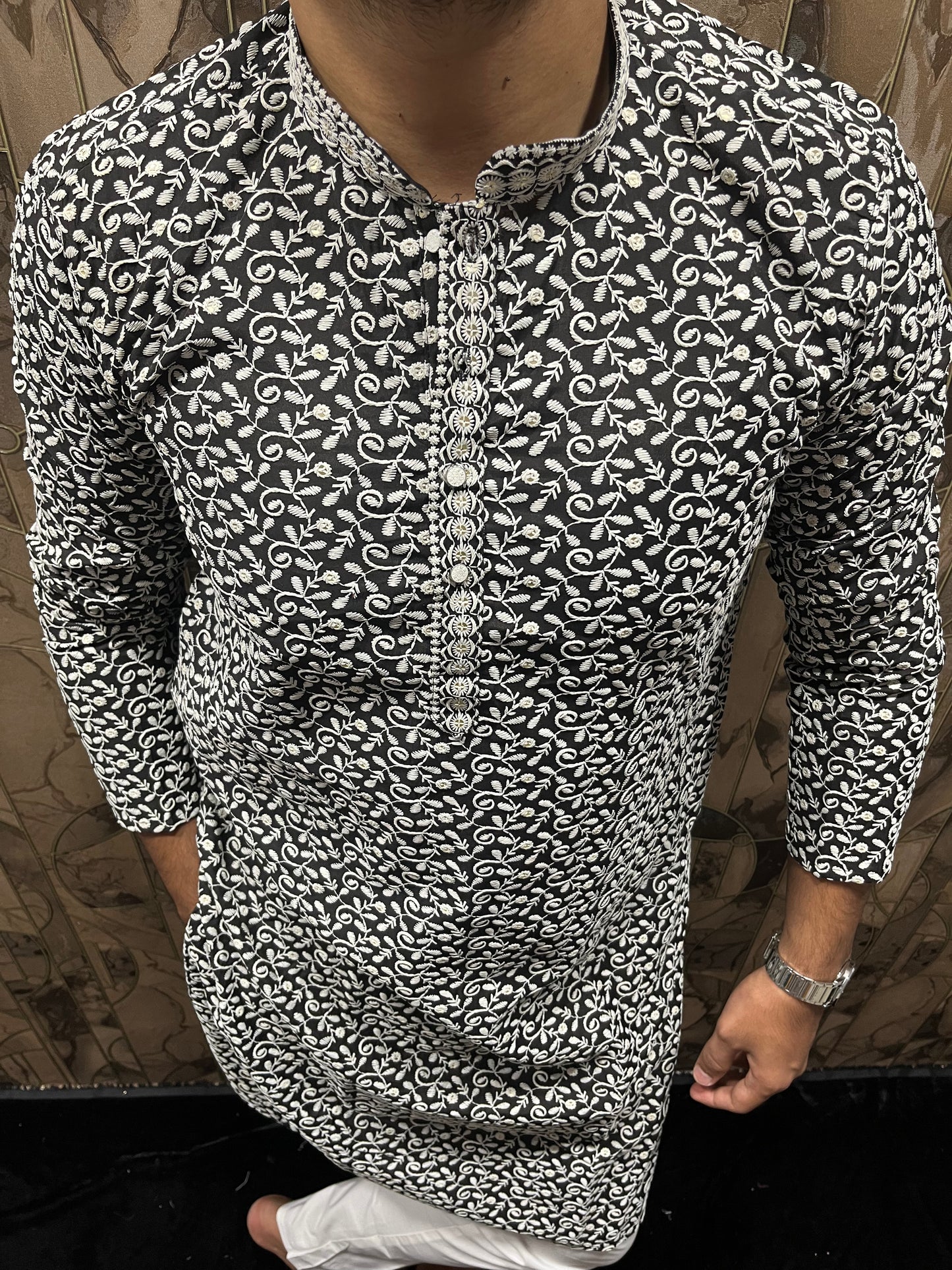 Men’s Cotton Black and White Kurta – Full Sequence Chikan Work with Chinese Collar - A17