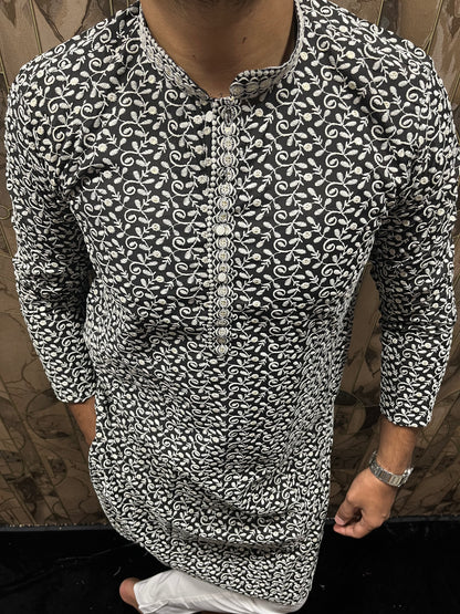 Men’s Cotton Black and White Kurta – Full Sequence Chikan Work with Chinese Collar - A17
