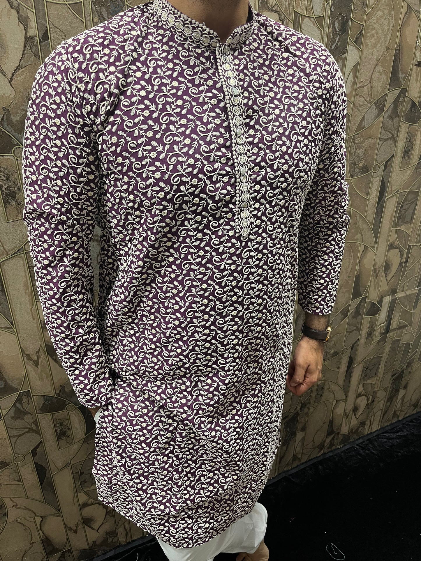 Men’s Cotton Maroon and White Kurta – Full Sequence Chikan Work with Chinese Collar - A17