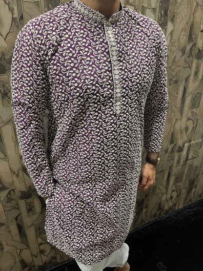 Men’s Cotton Maroon and White Kurta – Full Sequence Chikan Work with Chinese Collar - A17