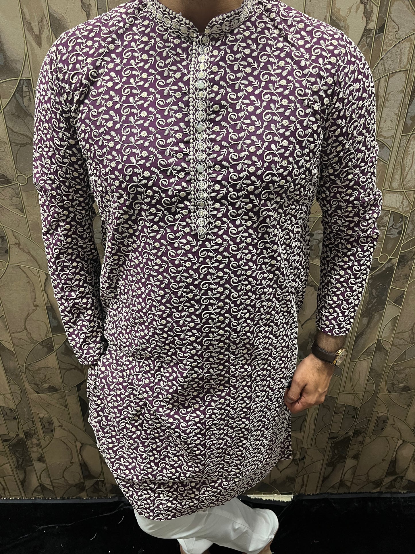 Men’s Cotton Maroon and White Kurta – Full Sequence Chikan Work with Chinese Collar - A17