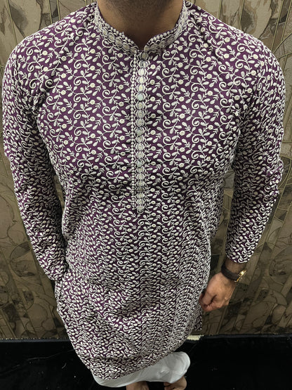Men’s Cotton Maroon and White Kurta – Full Sequence Chikan Work with Chinese Collar - A17