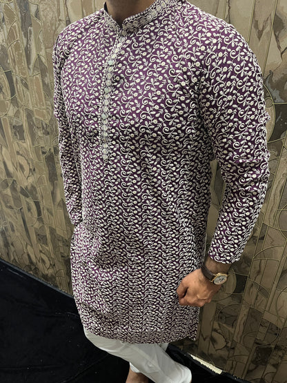 Men’s Cotton Maroon and White Kurta – Full Sequence Chikan Work with Chinese Collar - A17