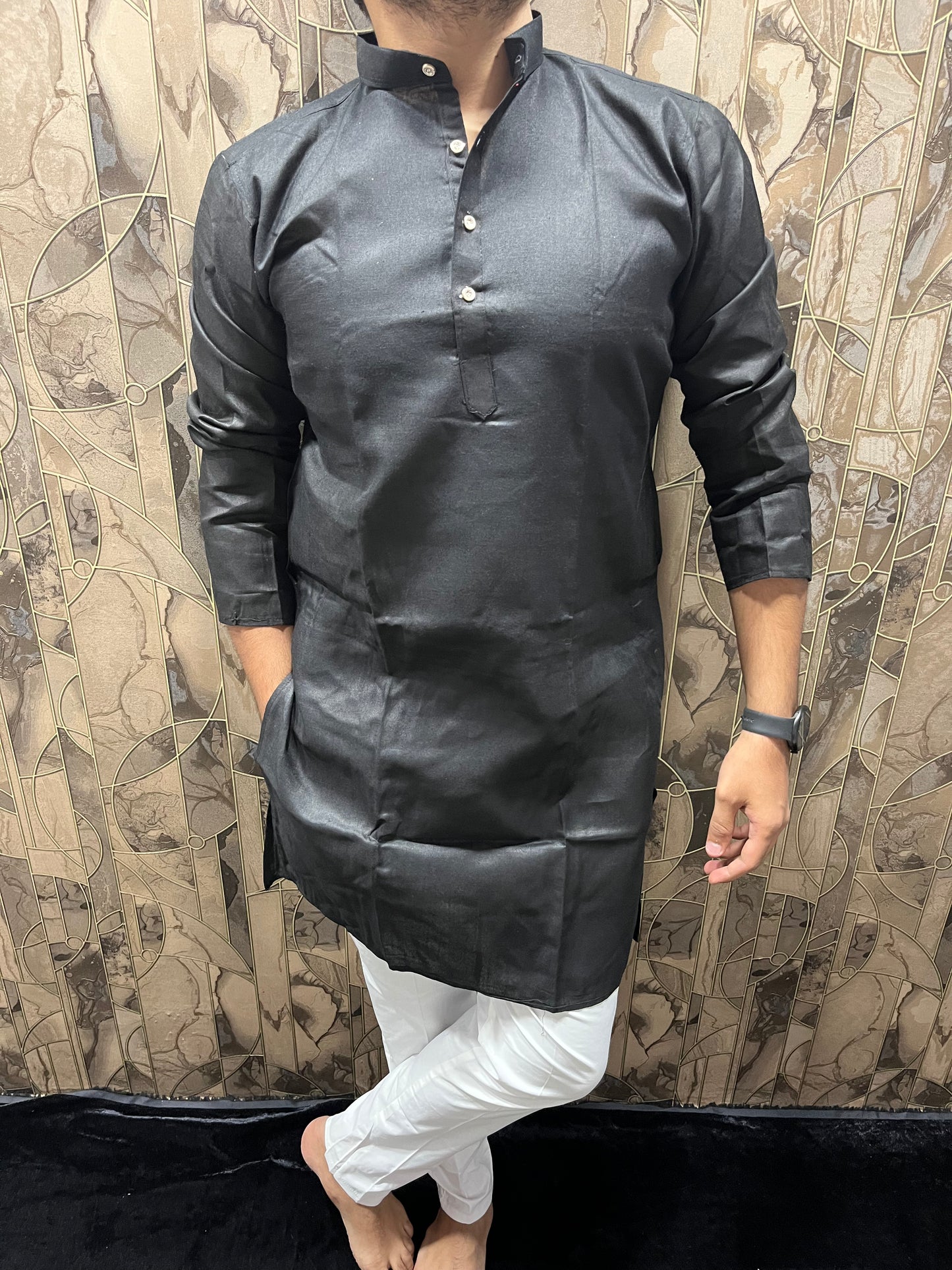 Men’s Pure Black Cotton Kurta – Minimal & Classy Everyday Wear A27