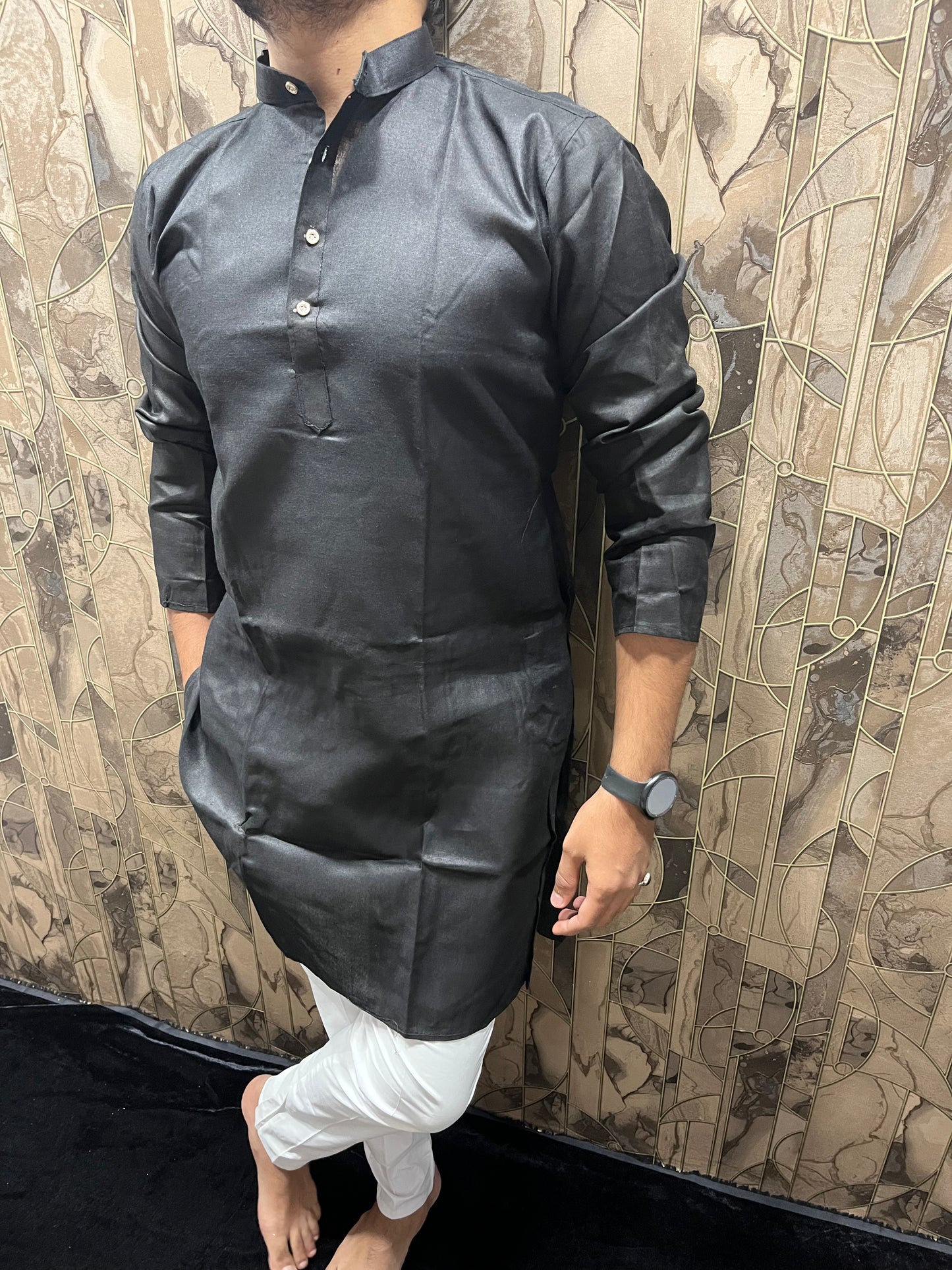 Men’s Pure Black Cotton Kurta – Minimal & Classy Everyday Wear A27
