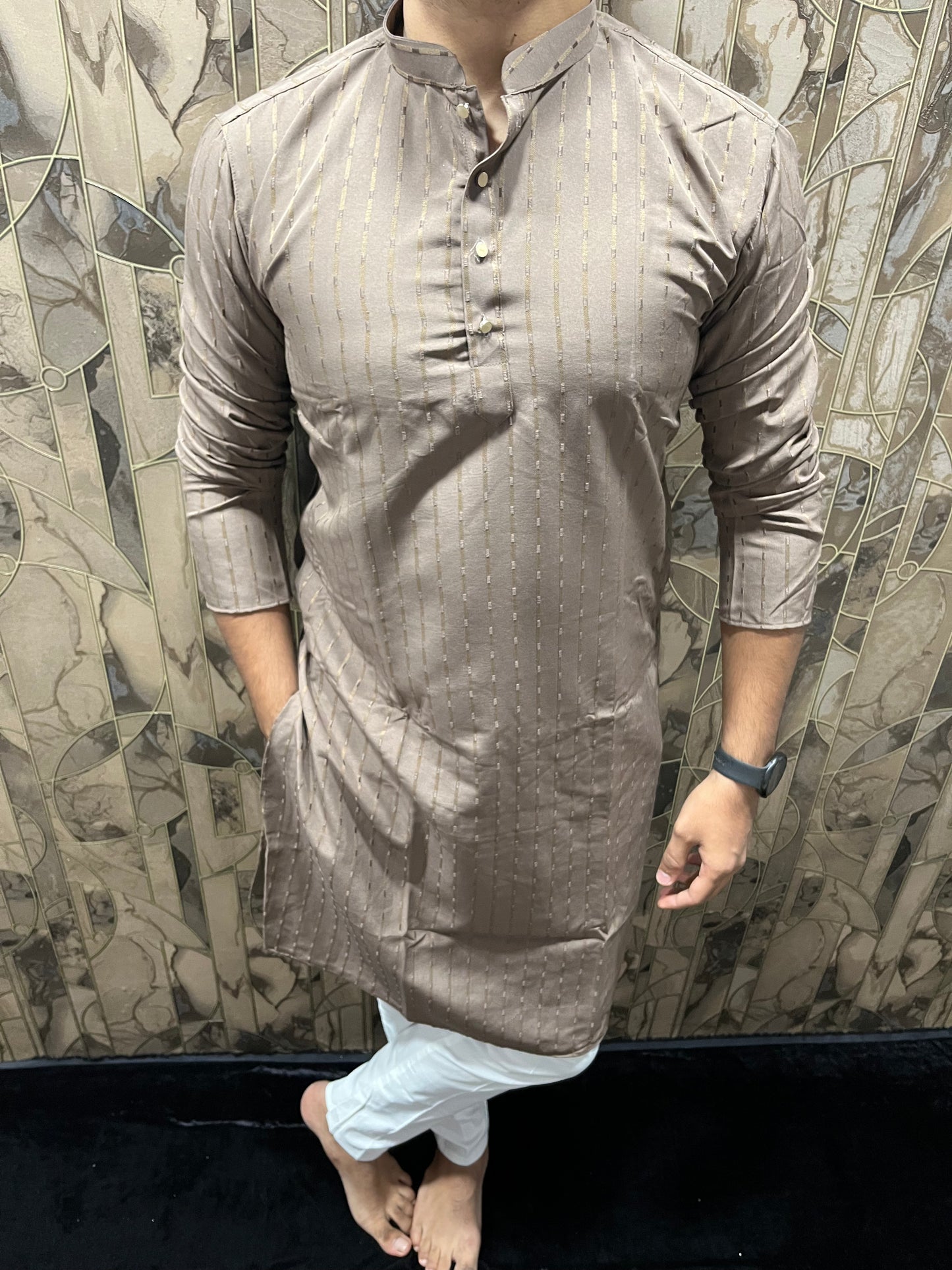 Men’s Cotton Brown Kurta – Subtle Stripe Design for Everyday Wear - A12