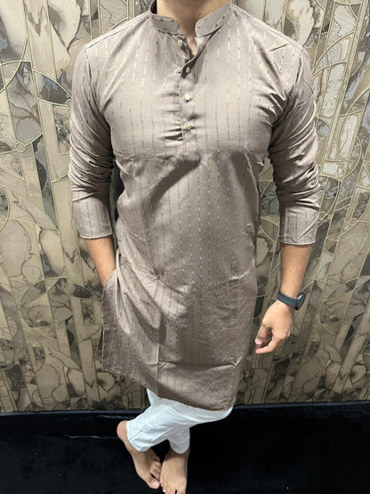 Men’s Cotton Brown Kurta – Subtle Stripe Design for Everyday Wear - A12