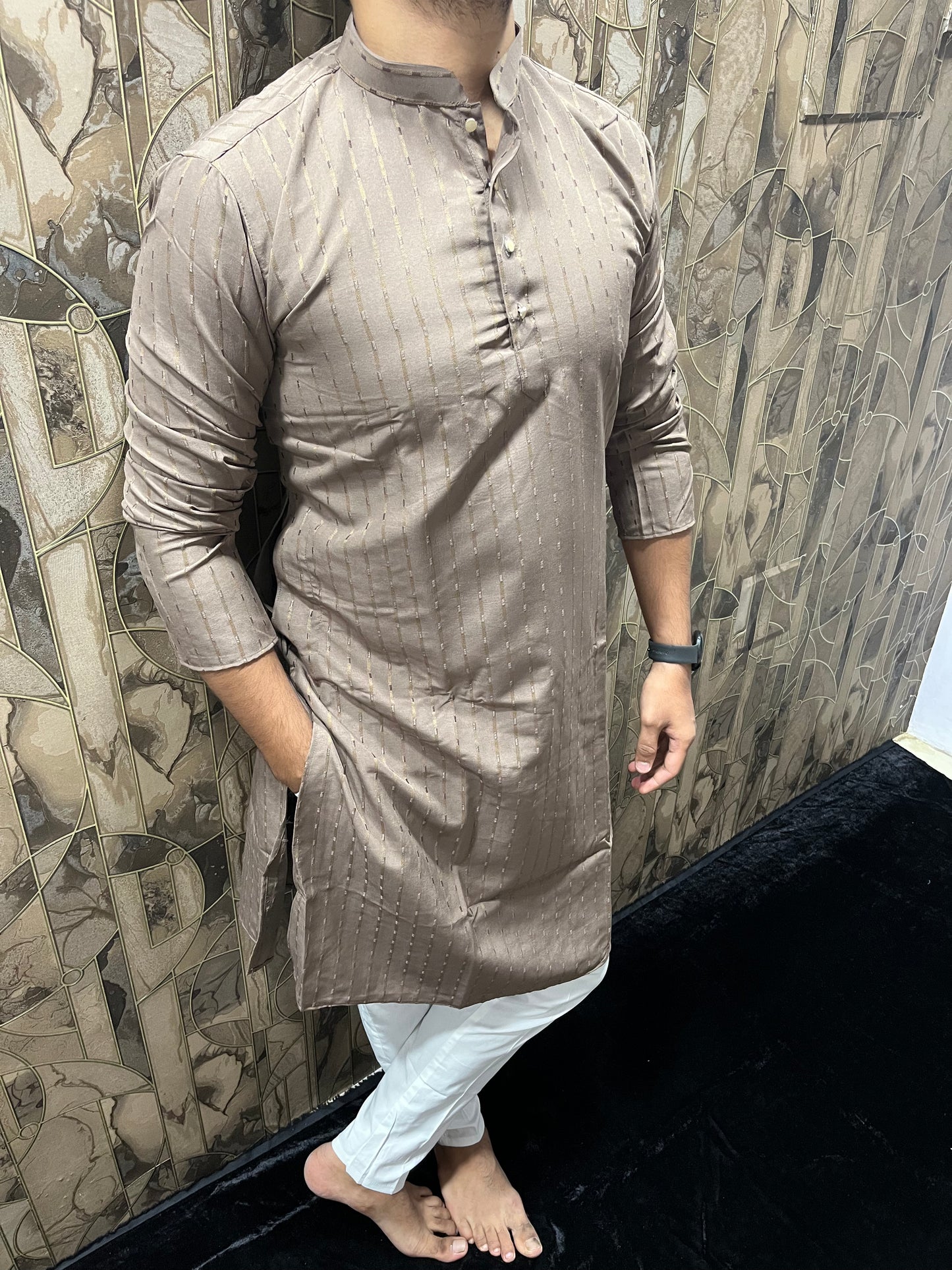 Men’s Cotton Brown Kurta – Subtle Stripe Design for Everyday Wear - A12