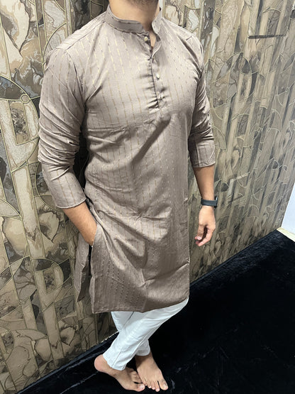 Men’s Cotton Brown Kurta – Subtle Stripe Design for Everyday Wear - A12