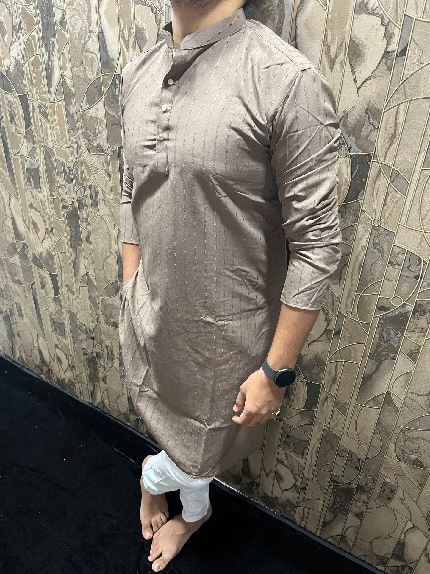 Men’s Cotton Brown Kurta – Subtle Stripe Design for Everyday Wear - A12
