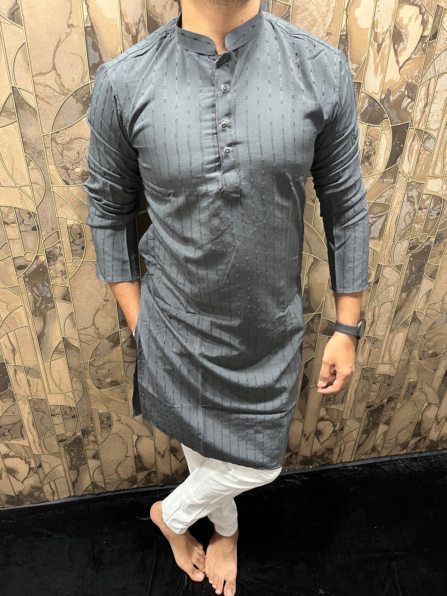 Men’s Cotton Grey Kurta – Subtle Stripe Design for Everyday Wear - A12