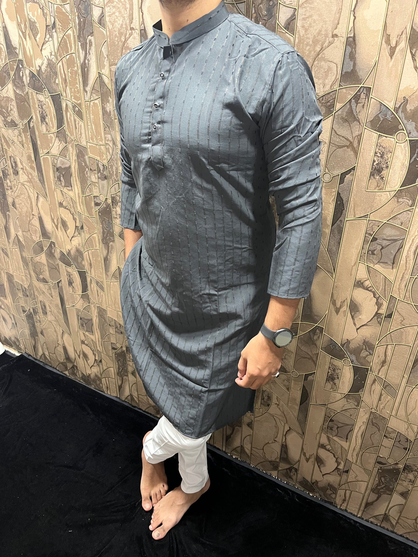 Men’s Cotton Grey Kurta – Subtle Stripe Design for Everyday Wear - A12