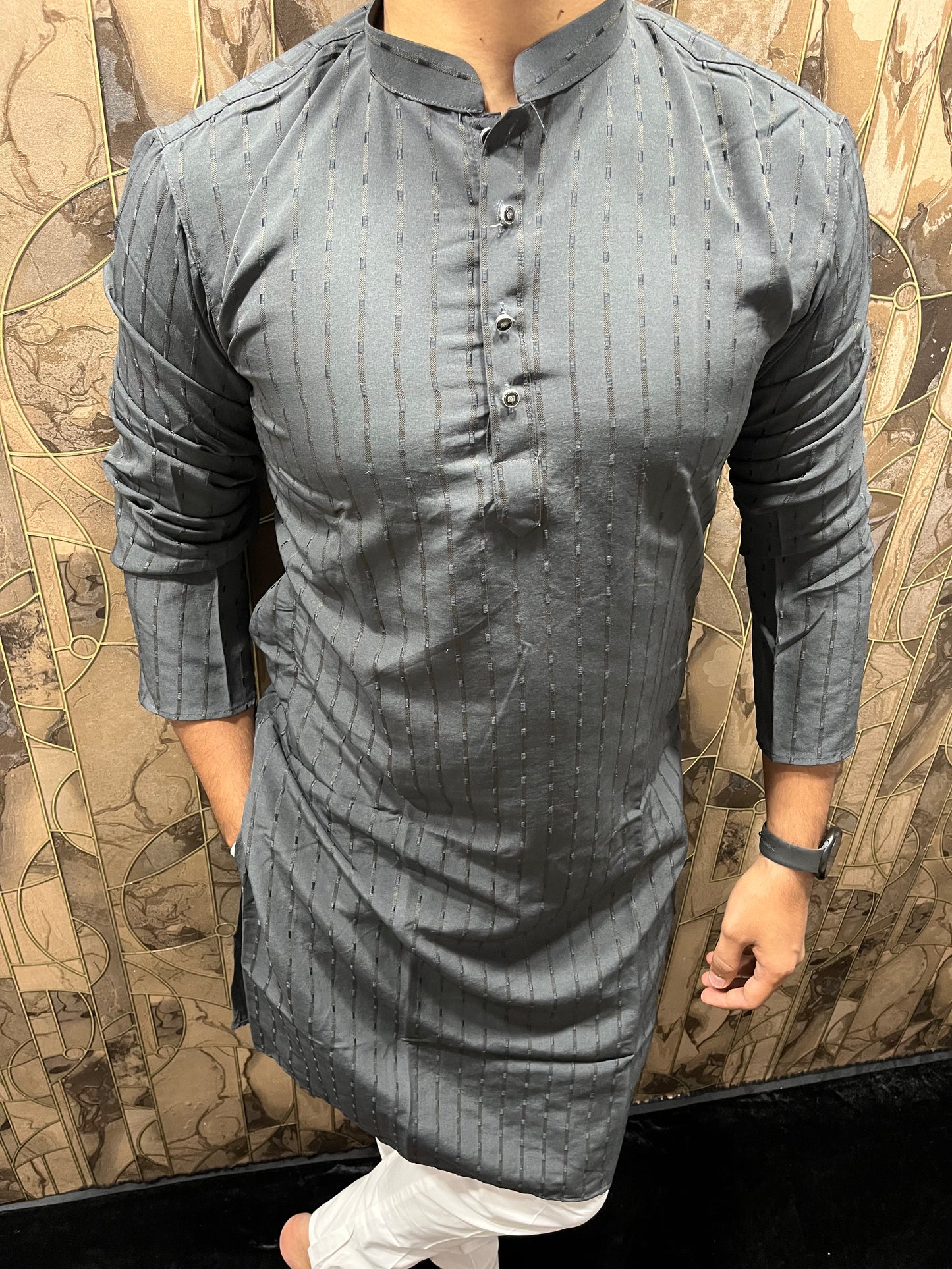 Men’s Cotton Grey Kurta – Subtle Stripe Design for Everyday Wear - A12