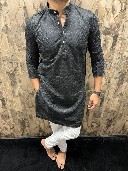 Men’s Black Kurta – Full Front & Back Embroidery with W-Pattern for Wedding & Festive Wear A37