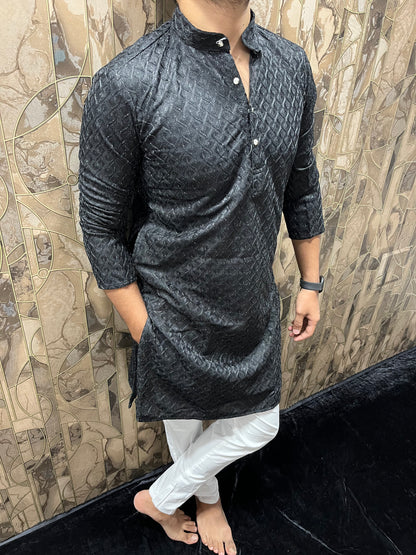 Men’s Black Kurta – Full Front & Back Embroidery with W-Pattern for Wedding & Festive Wear A37