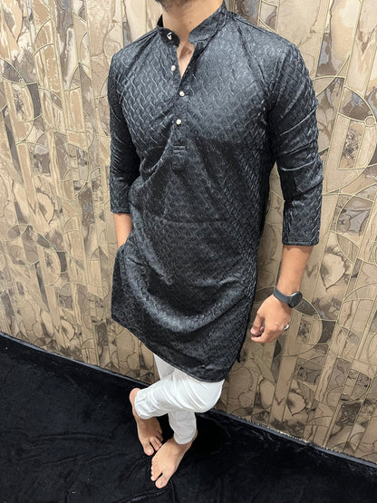 Men’s Black Kurta – Full Front & Back Embroidery with W-Pattern for Wedding & Festive Wear A37