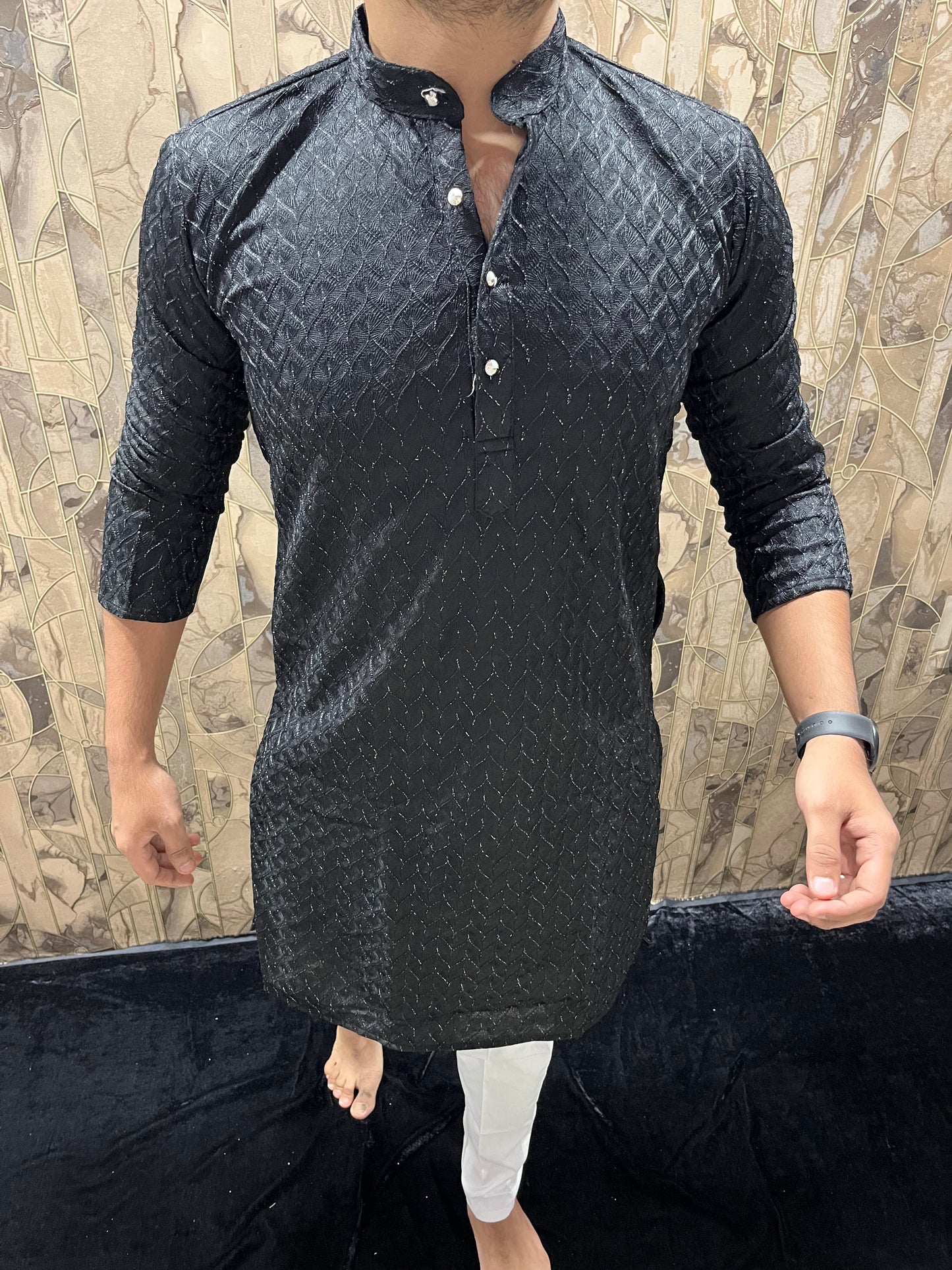 Men’s Black Kurta – Full Front & Back Embroidery with W-Pattern for Wedding & Festive Wear A37