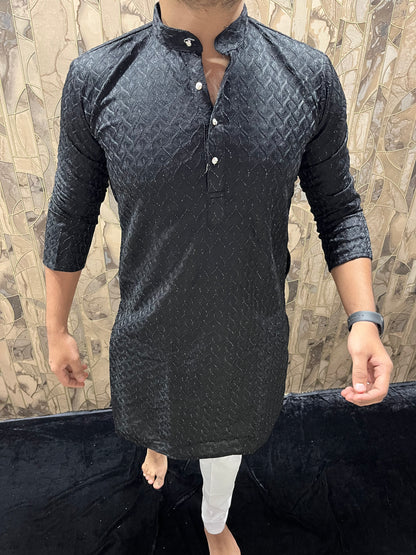 Men’s Black Kurta – Full Front & Back Embroidery with W-Pattern for Wedding & Festive Wear A37