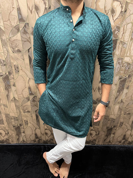 Men’s Green Kurta – Full Front & Back Embroidery with W-Pattern for Wedding & Festive Wear A37