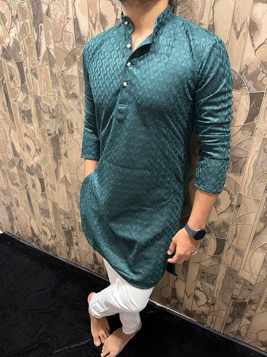 Men’s Green Kurta – Full Front & Back Embroidery with W-Pattern for Wedding & Festive Wear A37
