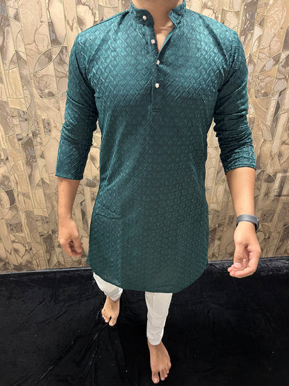 Men’s Green Kurta – Full Front & Back Embroidery with W-Pattern for Wedding & Festive Wear A37