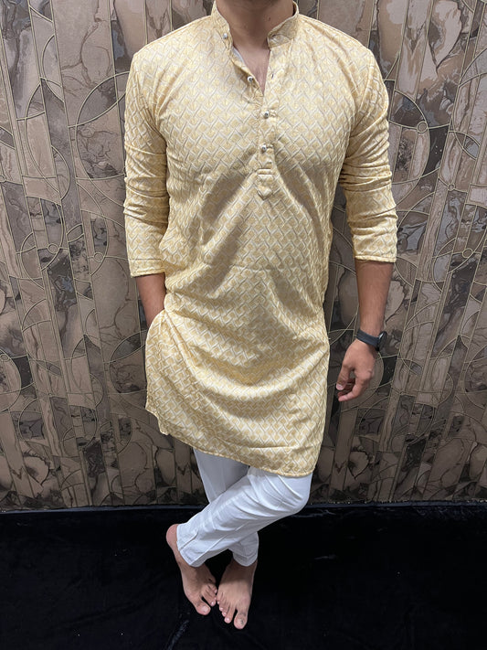 Men’s Yellow Kurta – Full Front & Back Embroidery with W-Pattern for Wedding & Festive Wear A37