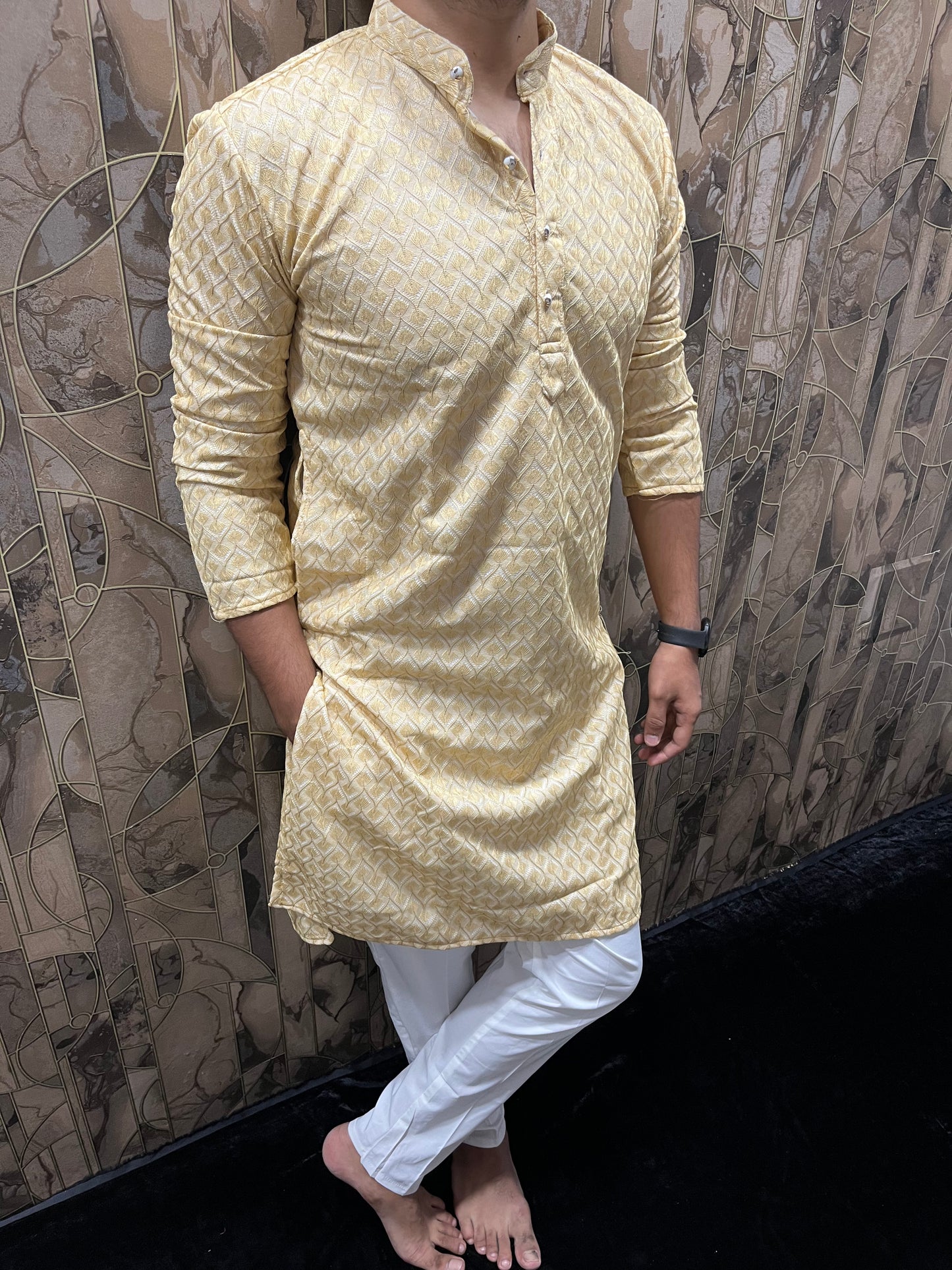Men’s Yellow Kurta – Full Front & Back Embroidery with W-Pattern for Wedding & Festive Wear A37