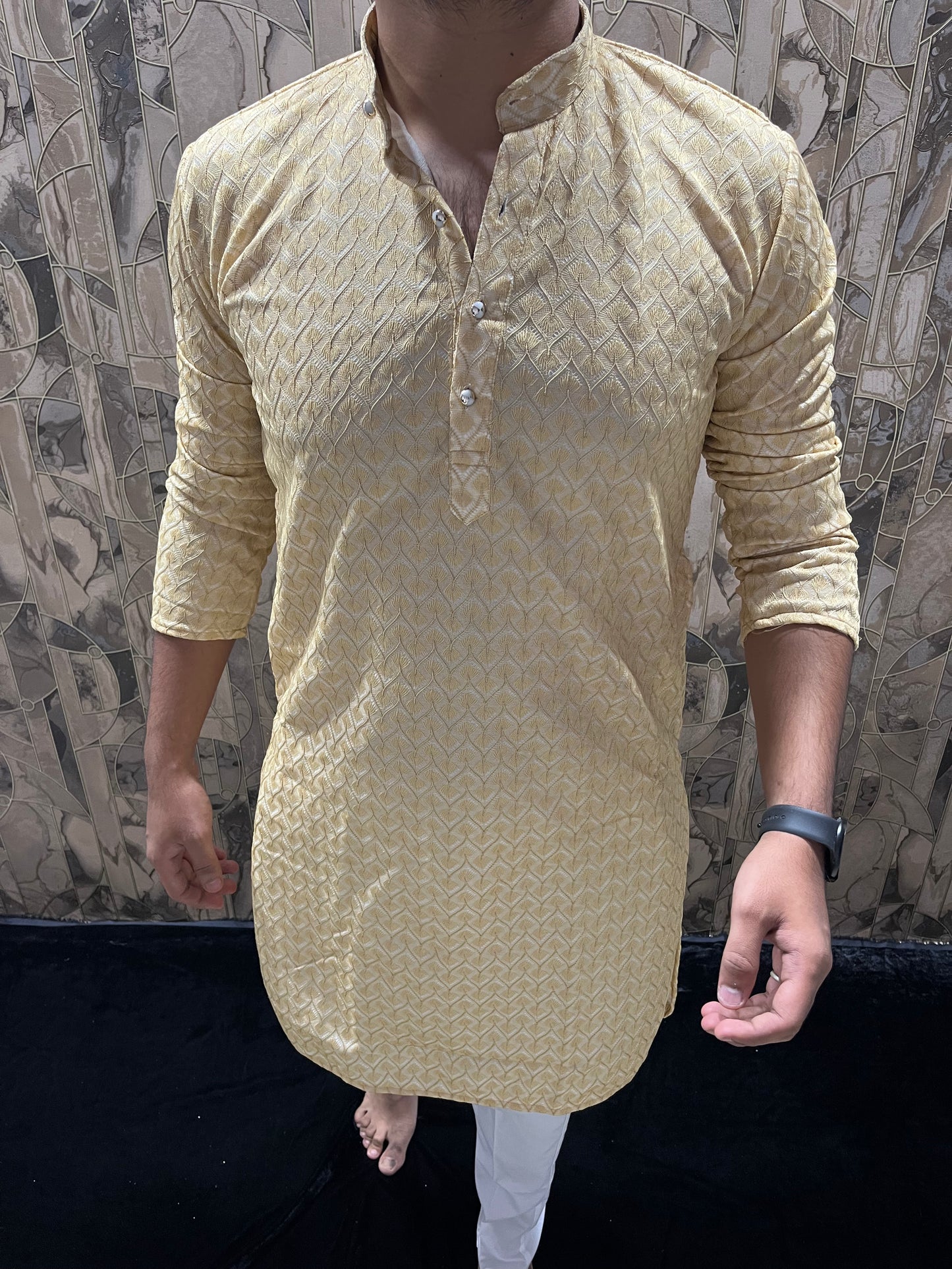 Men’s Yellow Kurta – Full Front & Back Embroidery with W-Pattern for Wedding & Festive Wear A37