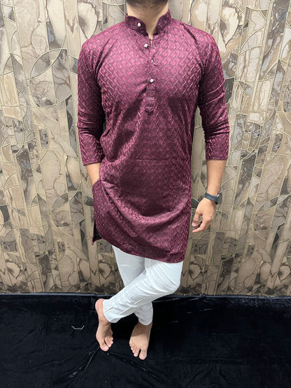 Men’s Maroon Kurta – Full Front & Back Embroidery with W-Pattern for Wedding & Festive Wear A37