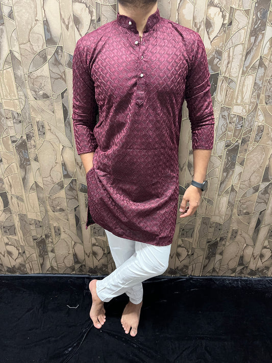Men’s Maroon Kurta – Full Front & Back Embroidery with W-Pattern for Wedding & Festive Wear A37