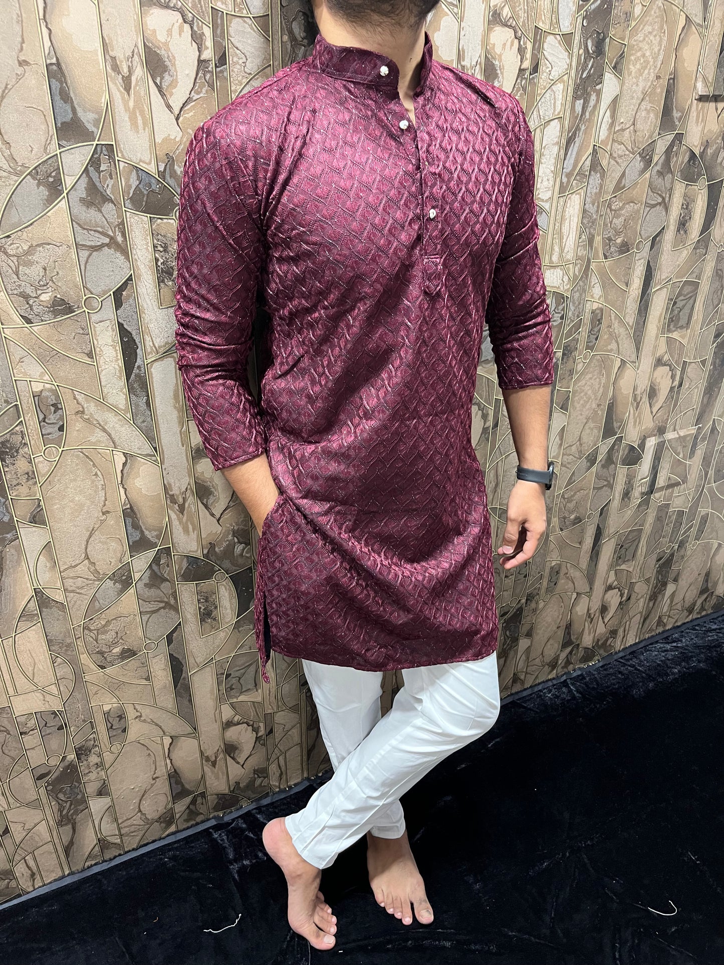 Men’s Maroon Kurta – Full Front & Back Embroidery with W-Pattern for Wedding & Festive Wear A37