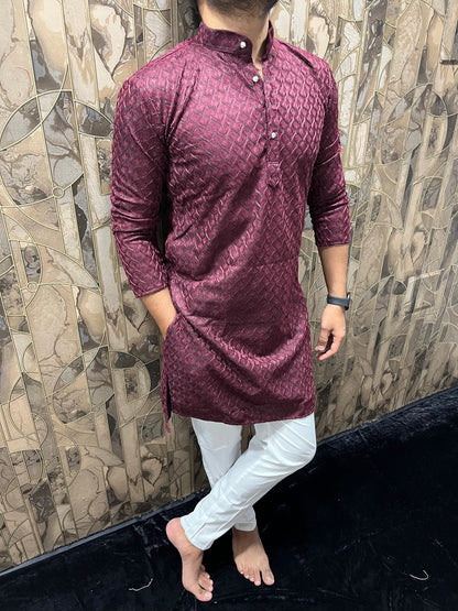 Men’s Maroon Kurta – Full Front & Back Embroidery with W-Pattern for Wedding & Festive Wear A37