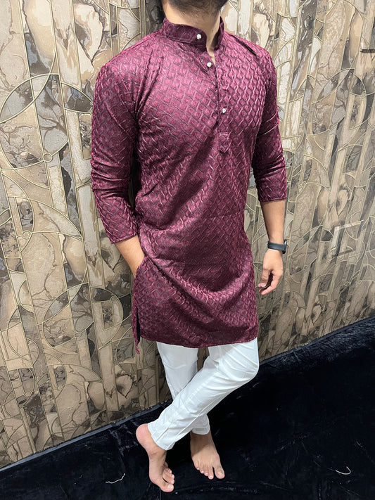 Men’s Maroon Kurta – Full Front & Back Embroidery with W-Pattern for Wedding & Festive Wear A37