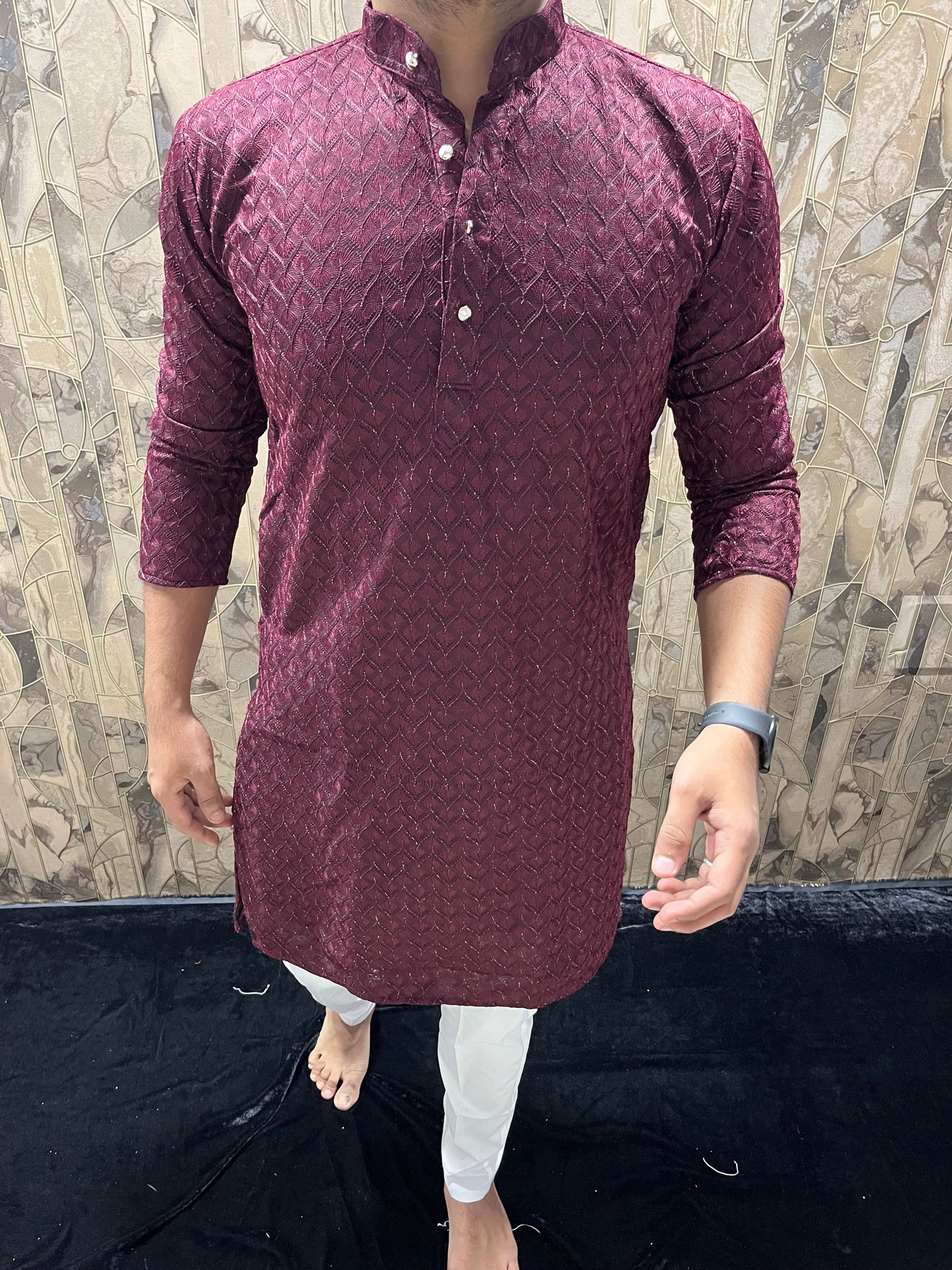Men’s Maroon Kurta – Full Front & Back Embroidery with W-Pattern for Wedding & Festive Wear A37