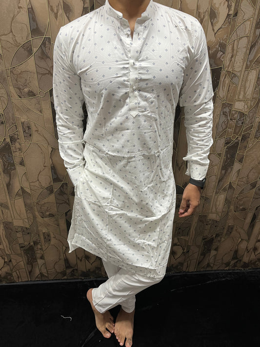 Men’s Cotton White Kurta – Minimal Printed Design for Everyday Wear A33