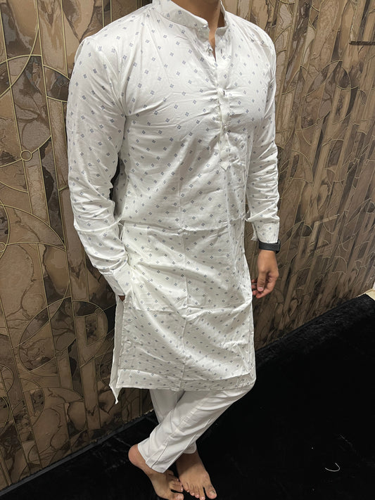 Men’s Cotton White Kurta – Minimal Printed Design for Everyday Wear A33