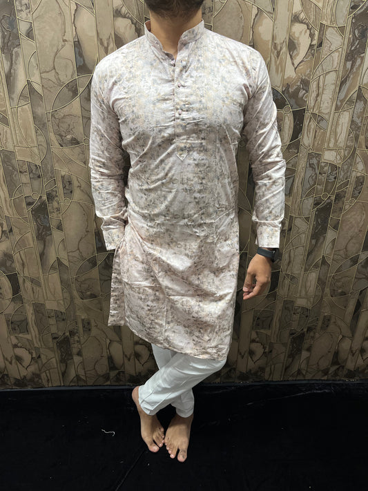 Men’s Cotton Light Pink Kurta – Minimal Printed Design for Everyday Wear A30