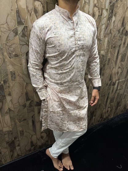 Men’s Cotton Light Pink Kurta – Minimal Printed Design for Everyday Wear A30