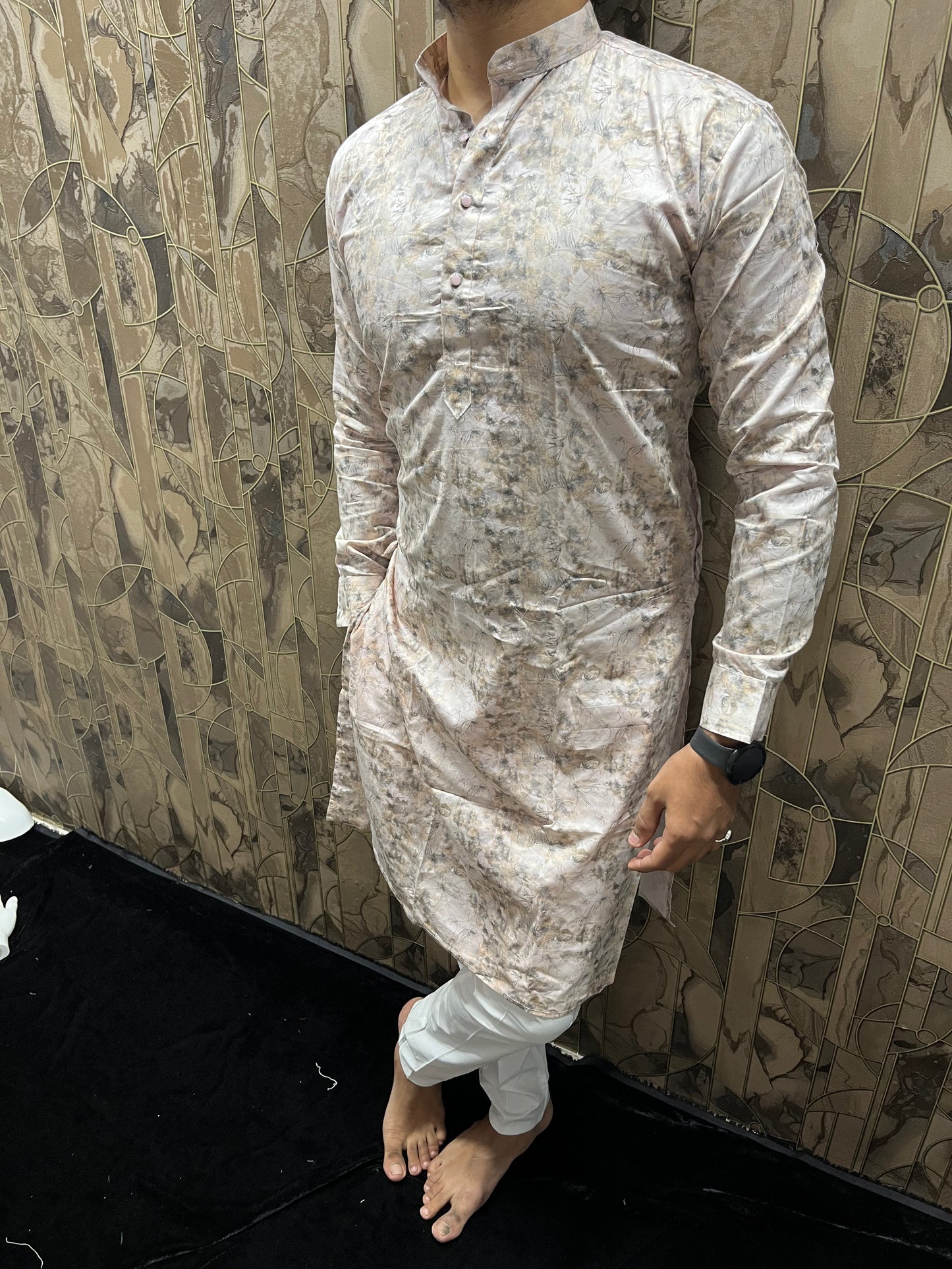 Men’s Cotton Light Pink Kurta – Minimal Printed Design for Everyday Wear A30