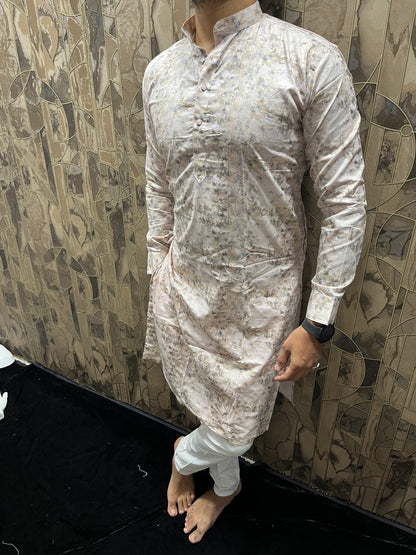 Men’s Cotton Light Pink Kurta – Minimal Printed Design for Everyday Wear A30