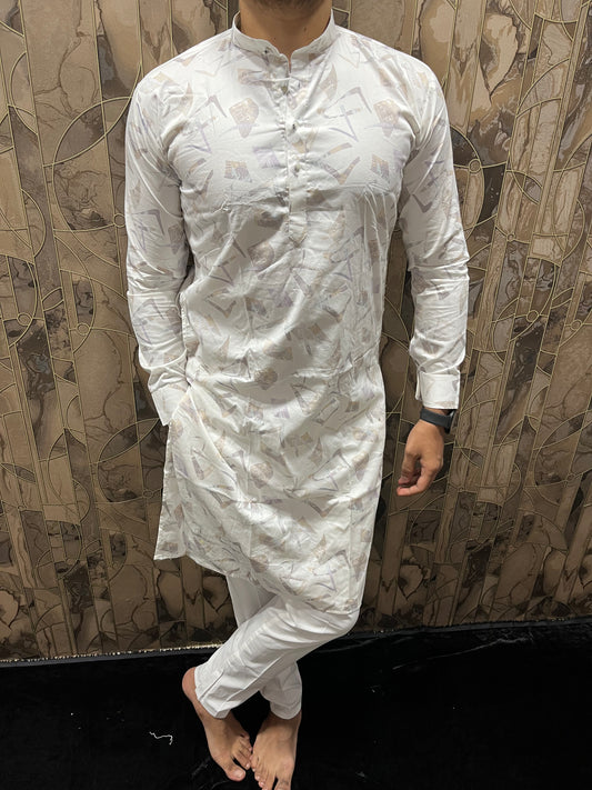 Men’s Cotton White Kurta – Minimal Printed Design for Everyday Wear A32