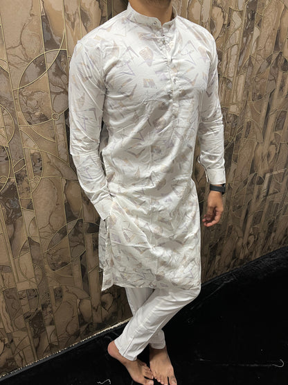 Men’s Cotton White Kurta – Minimal Printed Design for Everyday Wear A32