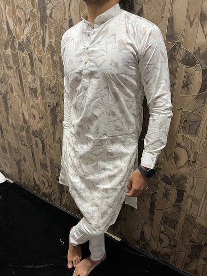 Men’s Cotton White Kurta – Minimal Printed Design for Everyday Wear A32