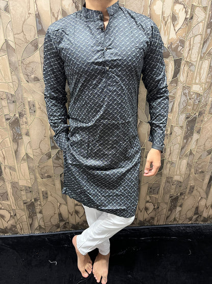 Men’s Cotton Black Kurta – Minimal Printed Design for Everyday Wear A31